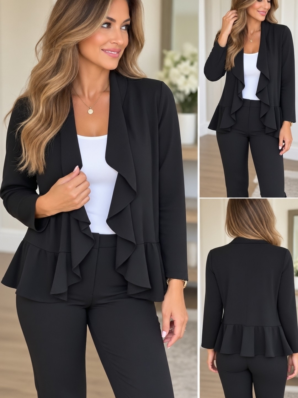 R&M Richards Black Ruffle Open-Front Blazer